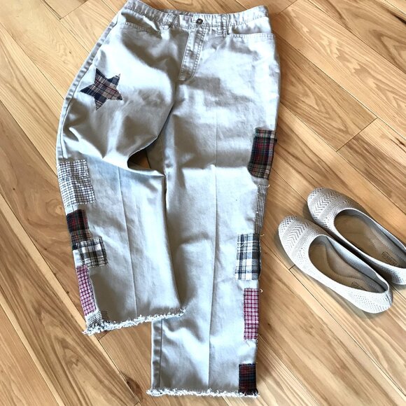 Upcycled Cropped Boho Patchwork Khaki Pants, Travel Leisure Women's Size 10 - Picture 4 of 14